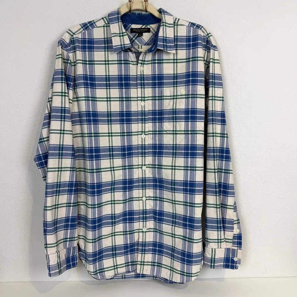 Banana Republic Oxford Slim Fit Blue Green Plaid Corduroy Details L